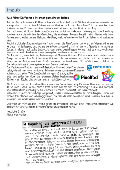 Zweite Seite des Pfarrbriefs mit einem Impuls zum Thema fairer Kaffee und digitale Nachhaltigkeit.