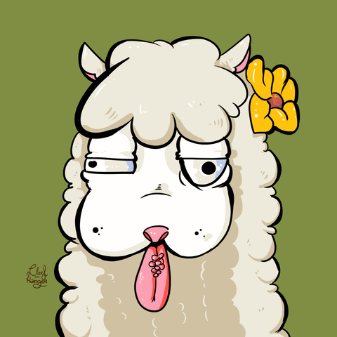 Llama with weird eyes and showing its tongue , has a yellow flower in one ear.
