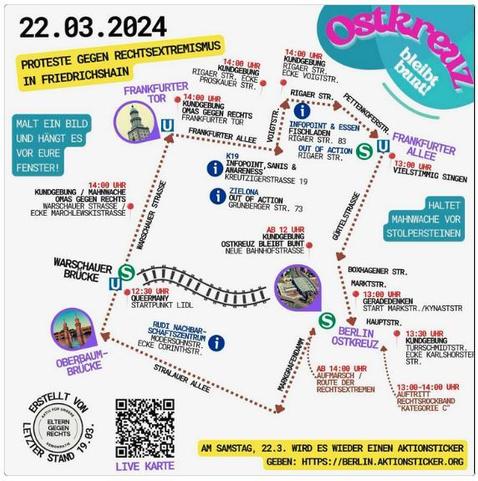 Karte mit Naziroute durch Friedrichshain (Ostkreuz Süd - Warschauer Str - Frankfurter Tor - Rigaer Str - Frankfurter Allee - Ostkreuz Nord) und über einem Dutzend Gegenveranstaltungen entlang der Route.
