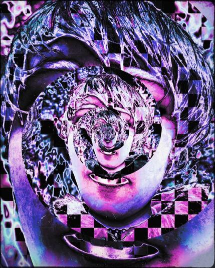 A infinite tunnel loop of a huge face with darkened eyes sliced up by oldschool glimpes of 70s lightning trails overlaying a pink checkerboard