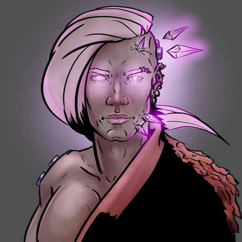 Digital portrait of a Chaos Space Marine sorcerer. He wears a coat of human fingers and floating pink crystals are around him.