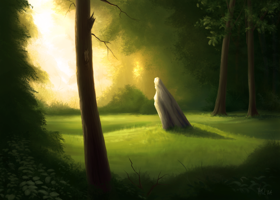 A digital painting of a small standing stone in a grassy forest clearing. Strong, warm light strikes through from the back of the picture, in contrast to the dark, rich greens of the surrounding foliage.