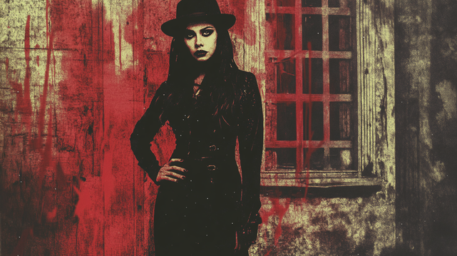 Mystère Écarlate
Une femme en manteau noir et chapeau à large bord se tient devant un mur rouge sanglant, son regard perçant chargé de mystère. L’ambiance dramatique, inspirée des affiches de films vintage, évoque une intrigue sombre et envoûtante.
A woman in a black coat and wide-brimmed hat stands before a blood-red wall, her piercing gaze filled with mystery. The dramatic atmosphere, inspired by vintage movie posters, evokes a dark and captivating intrigue.
