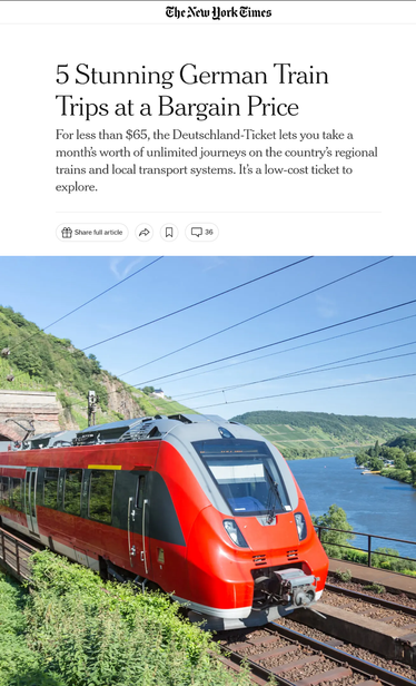 Bildschirmfoto eines Artikels der New York Times mit der Überschrift "5 Stunning German Train Trips at a Bargain Price"
