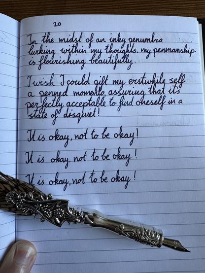 Notebook, cursive text.
20
In the midst of an inky penumbra lurking within my thoughts, my penmanship is flourishing beautifully. I wish I could gift my erstwhile self a penned momento assuring that it's perfectly acceptable to find oneself in a state of disquiet! It is okay, not to be okay! It is okay, not to be okay! It is okay, not to be okay!