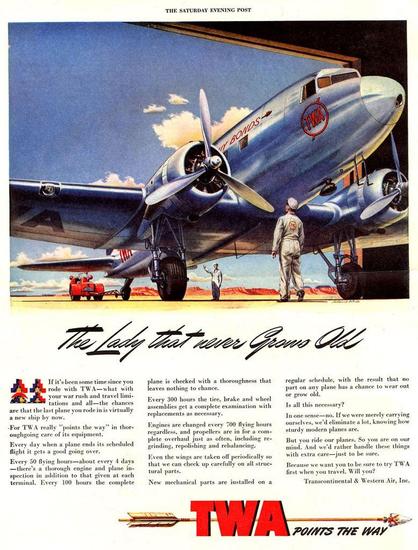 Postcard shows a DC-3 rolling either in or out of a hanger. The ad discusses how the planes are never old because of the maintenance they get.
