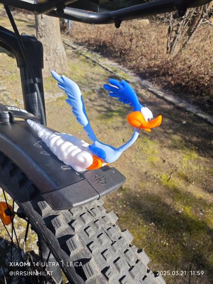 Die Figur des Roadrunners mit Staubwolke aus den LooneyTunes als "Kühlergrill-Figur" auf dem vorderen Schutzblech meines Pedelecs
