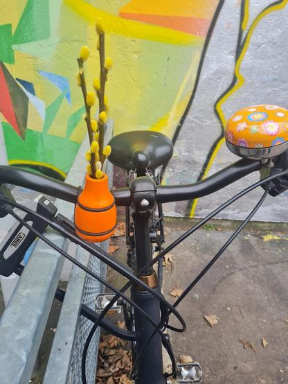 Ein Fahrrad von vorn mit einer orangenen Vase am Lenker, darin Zweige mit gelbe Weidenblüten. Das Fahrrad steht vor einer bunten Graffiti-Hauswand.