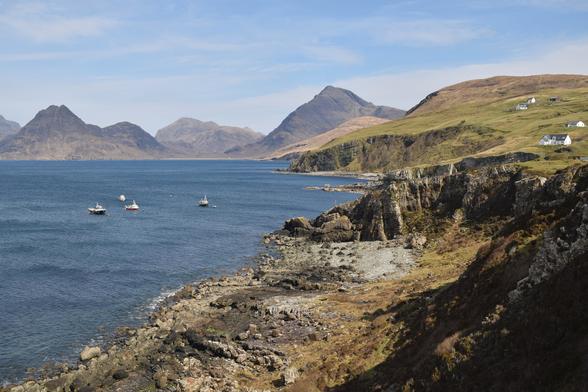 Looking across a bay to mountains