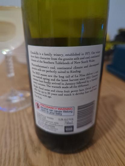 Rear label of 2023 Clonakilla Riesling