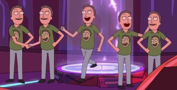 clone jerry meme von rick und morty. mehrere identische jerrys begrüßen und unterhalten sich. alle tragen exakt die gleiche kleidung.