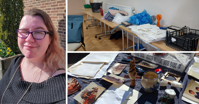Three images in a collage: 

On the left is a selfie of a lightly sunburnt white woman in her late 30s with long brown hair on one side of her head, wearing glasses, a black jumper and a necklace. She's squinting against the sun and smiling tiredly.

Top right is a row of tables laden with salvage supplies like towels, PPE, fans, blotting paper and light-weight crates.

Bottom right are wet items drying out on towels in the sun: all sorts of stuff really, from paper and photographs to a wooden hand and ceramics.