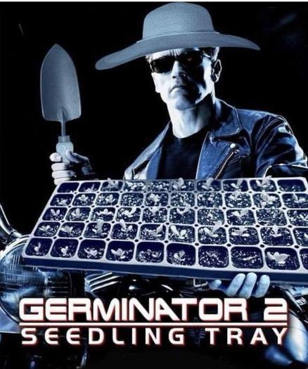 A poorly photoshopped image of Arnold Schwarzenegger as The Terminator wearing a wide brim gardening hat and holding a small garden trowel in one hand . A large seed starting tray with sprouts is held in his other hand. The bottom text reads "Germinator 2; Seedling Tray" in a spoof of the original theatrical poster.