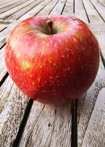Ein schöner runder erdbeerroter Apfel mit kleinen gelben und grünen Sprenkeln und einem braunen Stil oben in der Mitte liegt auf einem braun- grauen, verwitterten Teakholztisch in der Sonne. Er sieht fast aus wie gemalt.

A beautiful round strawberry-red apple with small yellow and green speckles and a brown style in the top centre lies in the sun on a brown-grey, weathered teak table. It almost looks like a painting.
