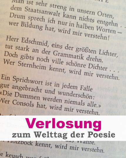 Im Hintergrund ein Gedicht von Kurt Tucholsky, "Vorne an der Rampe". Drüber ein Banner mit der Aufschrift: "Verlosung zum Welttag der Poesie".