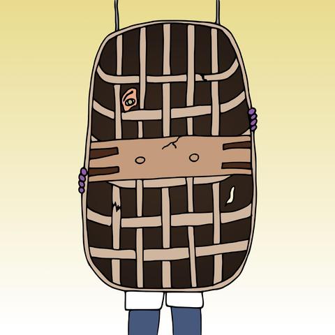 An illustration of Connie the conservator behind a coracle, a traditional type of woven boat, hanging from two wires. There’s a few rips in the cloth and various cracks. Connie peers through a rip, looking worried. (Artwork by Jenny Mathiasson 2025)