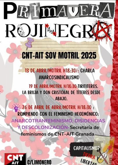 CNT- AIT de Motril sigue luchando y creando conciencia entre la clase trabajadora día a día.
SI NADIE TRABAJA POR TI, QUE NADIE DECIDA POR TI.
contra todo autoritarismo, por la emancipación de la clase trabajadora y por la revolución social.
#CNTAIT
#Motril
#Granada
#Anarcosindicalismo
#Anarquismo