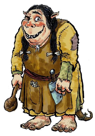 An oafish giantess or troll dressed in rough clothes. Illustration by Jim Kavanagh.