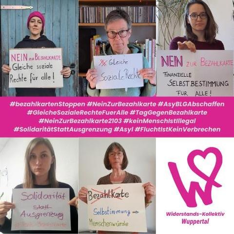 Fotos mit Statements "Nein zur Bezahlkarte" anlässlich des 21.03./ Internationale Tag gegen Rassismus von Personen des Widerstands-Kollektiv