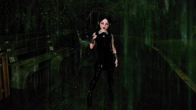 3D fan art of pretty goth girl Wednesday Addams all wet from walking in the rain.