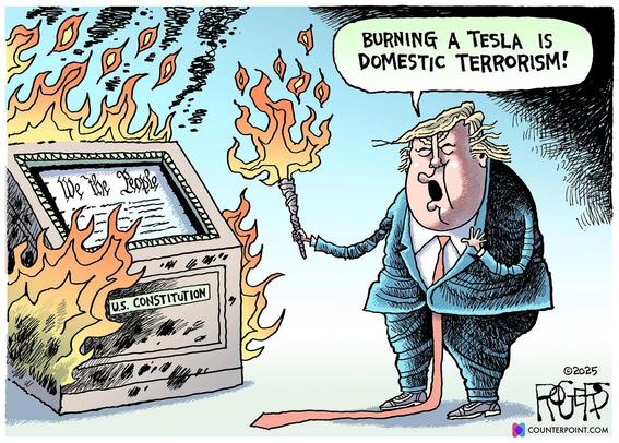 ‘Burning a Tesla is Domestic Terrorism!’ 
(But OK to burn up the Constitution 🤔)