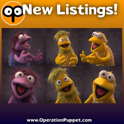 Six images of three new puppets, a purple and yellow Fraggle-like Greeblee, and a yellow pointy headed Nurnee with green hair