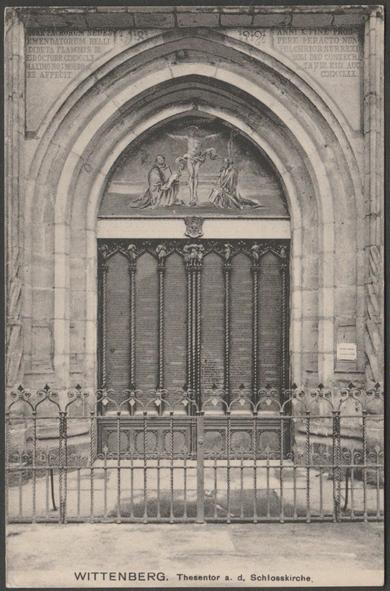 Printed monochrome postcard showing a view of the door of All Saint's Church at Wittenberg in Saxony-Anhalt, Germany.
Published by Louis Glaser, Leipzig, No 28107, c.1910s.
Postally unused, but with very short message.
Very good condition, with very slight corner bumps.