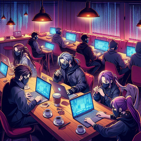 a group of data ninjas gathered around a table at a coffee shop, working on laptops