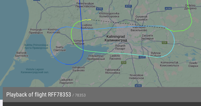 Screenshot from flightradar's website showing part of a flight from Moscow to Königsberg and back. The aircraft seems to have circled over Königsberg a couple of times without landing, part of which is displayed as a dashed line which *obviously* means it was in a tunnel.