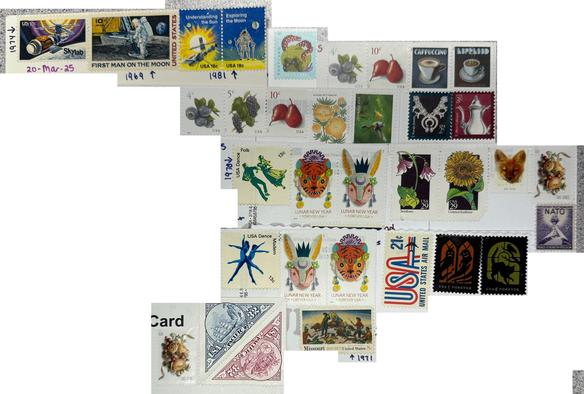 The backs of the postcards arranged in such a way as to maximize the stamp density in almost a collage. White blocks censor various bits of text. Stamps dating as far back as 1950 are used, including a 3¢ NATO stamp
