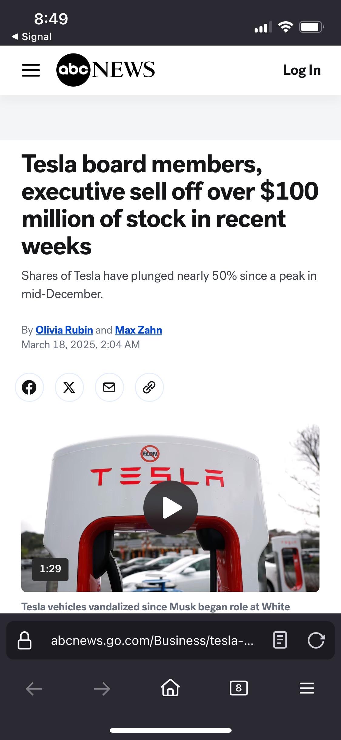 The image displays a mobile screen showing an ABC News article about Tesla board members and executives selling over $100 million of stock. The headline is prominently featured, along with a play button for a video regarding vandalism of Tesla vehicles.