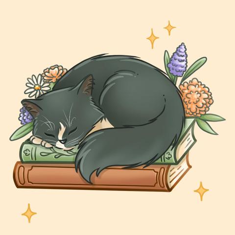 A digital illustration of a black and white long-haired tuxedo cat laying curled up and asleep on top of a stack of books.