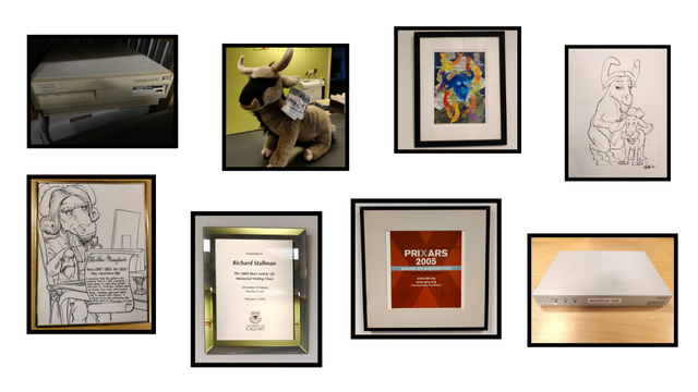 A group of photos of FSF 2025 silent auction items. From left to right, top row: from of an Amiga3000UX; a plush GNU with a black streak down the front and stripes on the side;  blue gnu head on a background of ones and zeros and gray and green mainboards as well as floating red, yellow, green, and purple gnus with a gray overlay; and a gnu brushing a dog. Top row, from left to right: a gnu pounding away at a typewriter, generating the GNU Manifesto; A framed award with text reading 'Presented to Richard Stallman The 2009 Merv Leitch, QC Memorial Visiting Chair University of Calgary Faculty of Law February 3, 2009' with the University of Calgary crest at the bottom; Framed award with text reading 'International Competition for Cyberarts PRIXARS 2005 Award of Distinction Digital Communities www.fsf.org www.gnu.org Free Software Foundation' with two signatures in the lower corners; and a terminus-est device