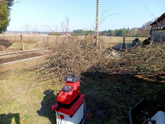 A red electric garden shredder with some custom upgrades is chewing on some branches. A big pile of branches is behind it, still to be chewed.