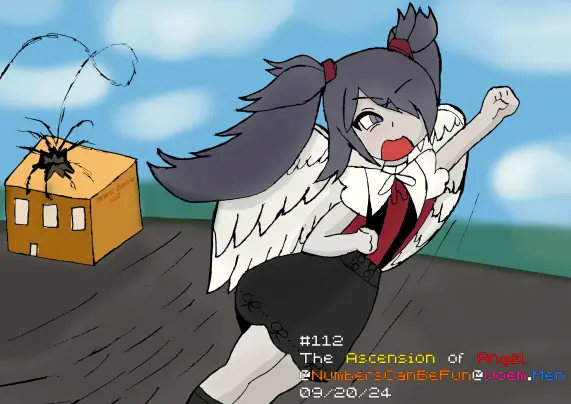 A drawing of myself as "Ame" from Needy Streamer Overload bursting out of the top of an office building and flying out on her own.