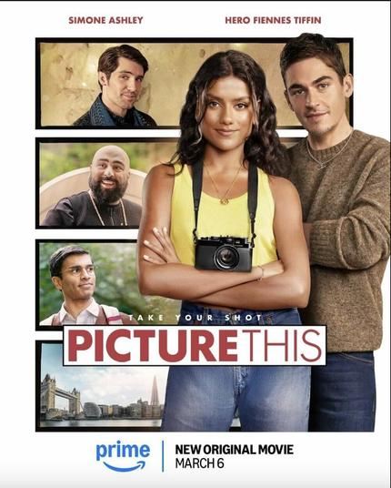 The poster for Picture This shows Simone Ashley and Hero Finnes Tiffin in front of several photographic portraits.