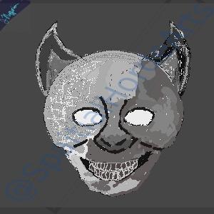 Against a dark grey background is a distorted, gaunt animal face with teeth that do not fit the skull shape in shades of grey. The eyes are empty and white.