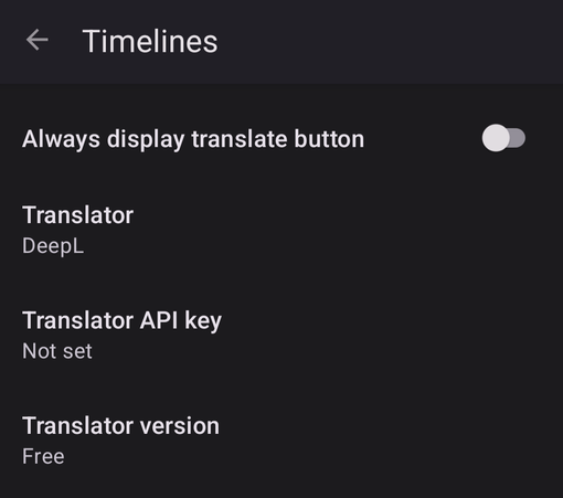 DeepL is displayed. There are two entries. One to set the API key and another to set if it is the paid or free version.