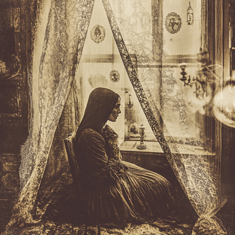 Voile du Silence
Une femme en robe victorienne sombre est assise près d’une fenêtre voilée de dentelle, fixant une chandelle vacillante. L’atmosphère sépia et les ombres fantomatiques qui l’entourent évoquent une solitude éternelle ou un rituel oublié.
A woman in a dark Victorian gown sits by a lace-veiled window, staring at a flickering candle. The sepia-toned atmosphere and ghostly shadows around her evoke eternal solitude or a forgotten ritual.