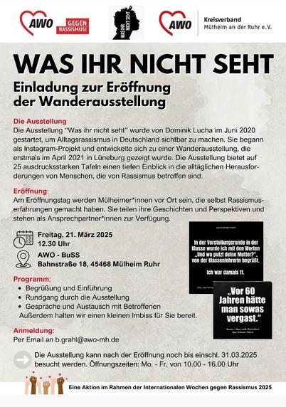 Ankündigung der Eröffnung der Ausstellung "Was ihr nicht seht" bei der Mülheimer AWO