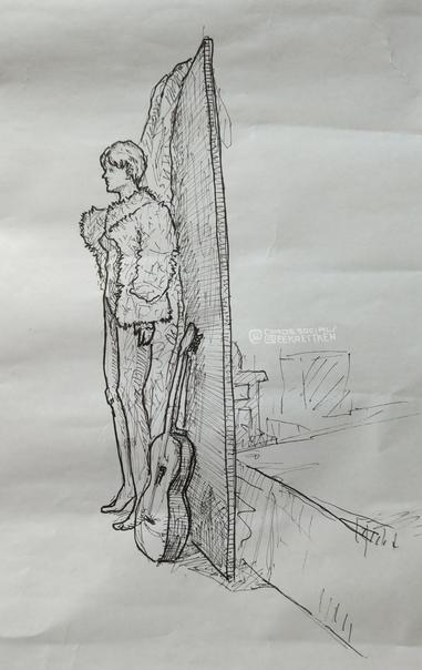 Black Fineliner on paper

Sketch of a person in sideview, standing in front of a thin wall, over which a blanket is thrown. A guitar in front/ to the right of the person. Random stuff behind the wall is indicated.