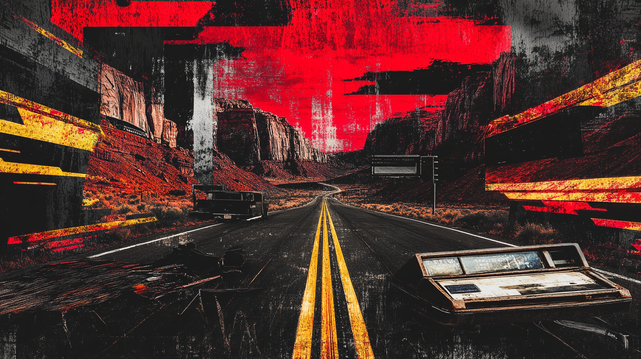 Autoroute de la Désolation
Route désertique et abandonnée s’étendant à l’infini sous un ciel rouge sang, avec des glitchs numériques et des vestiges de civilisation oubliée.
A deserted, abandoned highway stretching endlessly under a blood-red sky, with digital glitches and remnants of a forgotten civilization.