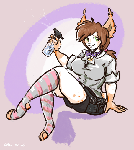 a buxom catgirl with bobcat like ears and a stubby tail is holding a stylist's spritz bottle full of water. she's got a nametag, a white button up tshirt and some short black shorts and wears striped thigh high socks. at her side is a pouch of tools like different scissors and combs and clips. she has a bowtie with a little razor shaped tag, and wears hir fluffy brown hair back in a ponytail.