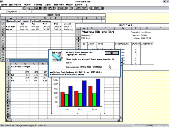 Microsoft Excel 3.0a läuft unter Windows 3.0.