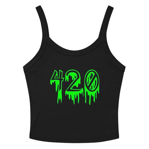 The front of a black tank top with the number 420 in a creepy, dripping font. The numbers are green with a purple outline.