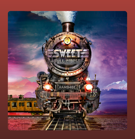 The album cover for *Full Circle* by The Sweet features a striking image of a vintage steam locomotive coming straight toward the viewer. The train has a rugged, metallic exterior with a weathered look, and its front prominently displays the album title, *Full Circle*, along with the band's name, *Sweet*, in bold, industrial-style lettering. The locomotive emits smoke from its chimney, adding a dynamic effect.

The headlights glow brightly, casting a warm light, while the front of the train integrates elements of a guitar, reinforcing the album’s rock music theme. The train’s identification plate reads "RAM946E," adding to its authenticity.

The background presents a dramatic landscape with a colorful sky transitioning from deep blues and purples to warm pink and orange hues, possibly depicting either sunrise or sunset. In the distance, snow-capped mountains and an old-fashioned yellow train carriage contribute to the scene’s depth and atmosphere. The railway tracks extend forward, symbolizing movement and continuity, fitting the "Full Circle" theme.

The overall aesthetic blends realism with a slightly surreal and artistic touch, making it a visually captivating album cover that reflects both the power of classic rock and a sense of journey or nostalgia.