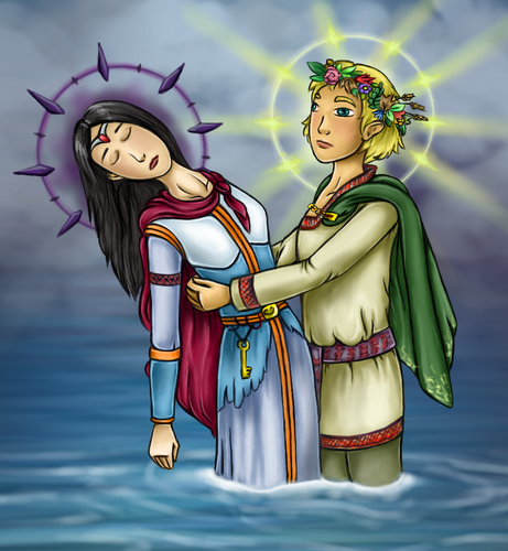 Cartoon Style drawing with two young looking people standing in water, surrounded by mist. Blonde-naired man, wearing beige linen clothes, short green cape and flower wreath in holding sleeping pale woman. The woman is wearing multi-layered bright blue dress, with orange strips and dark red cape. She has long black hair and red gem on her forehead. Both have halo around their heads. Man has golden halo, made of light beams, woman has purple, made of smoke and sharp crystals.