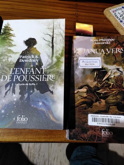 deux livres de poches sur une table 
Patrick K dewdney - l'enfant de poussière - le cycle de Syffe 1
jean Phillipe jaworski - janua vera