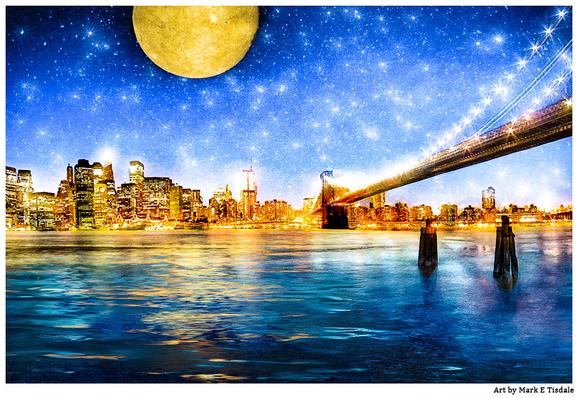 Digital art depicting a view of Manhattan from Brooklyn. The Brooklyn Bridge crosses between the viewer's right and the city skyline across the water. Overhead is larger than life moon and a sky filled with stars.