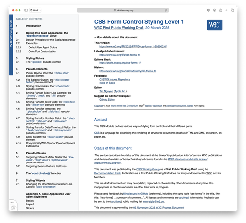 Screenshot of CSS Form Control Styling Level 1 First Public Working Draft web standard from the W3C's CSS Working Group